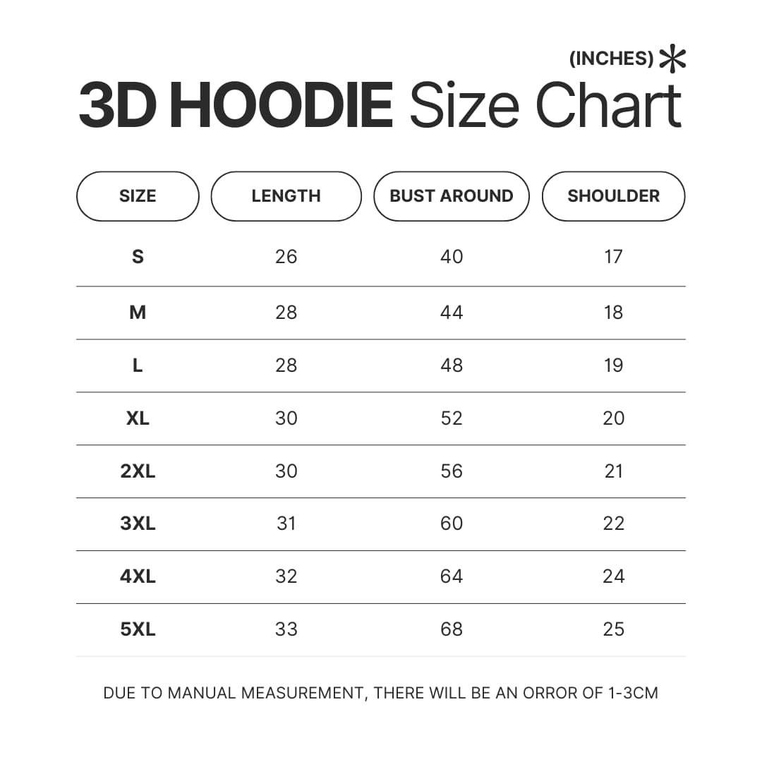 3D Hoodie Size Chart - Lorna Shore Store