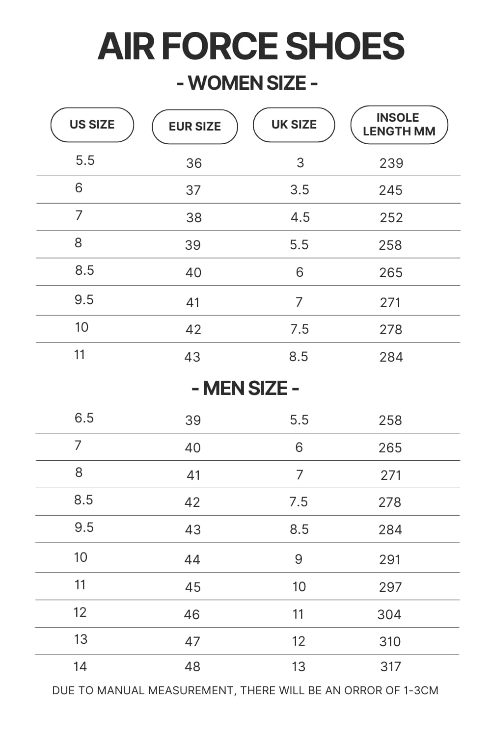 Air Force Shoes Size Chart - Lorna Shore Store