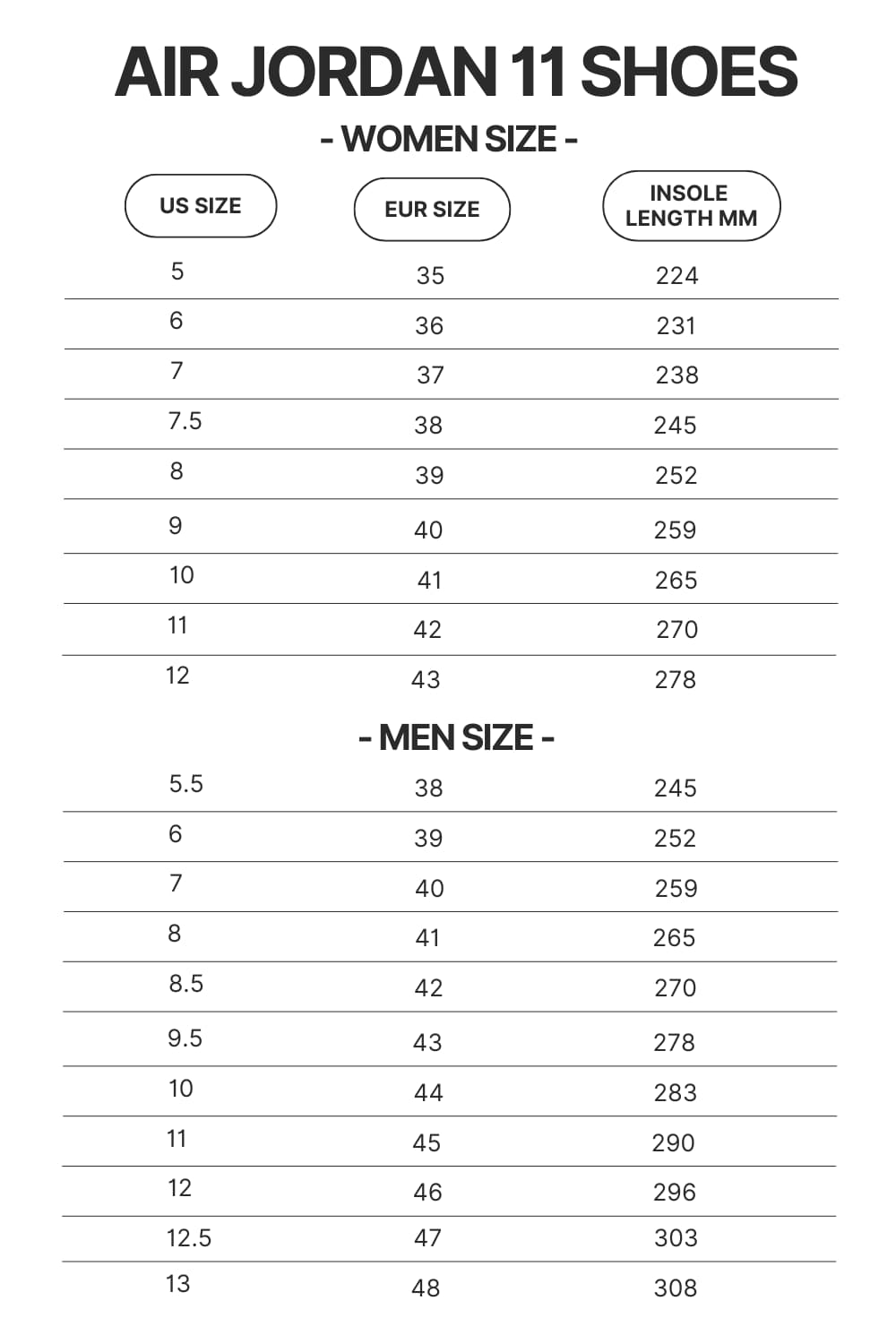 Air Jordan 11 Shoes Size Chart - Lorna Shore Store