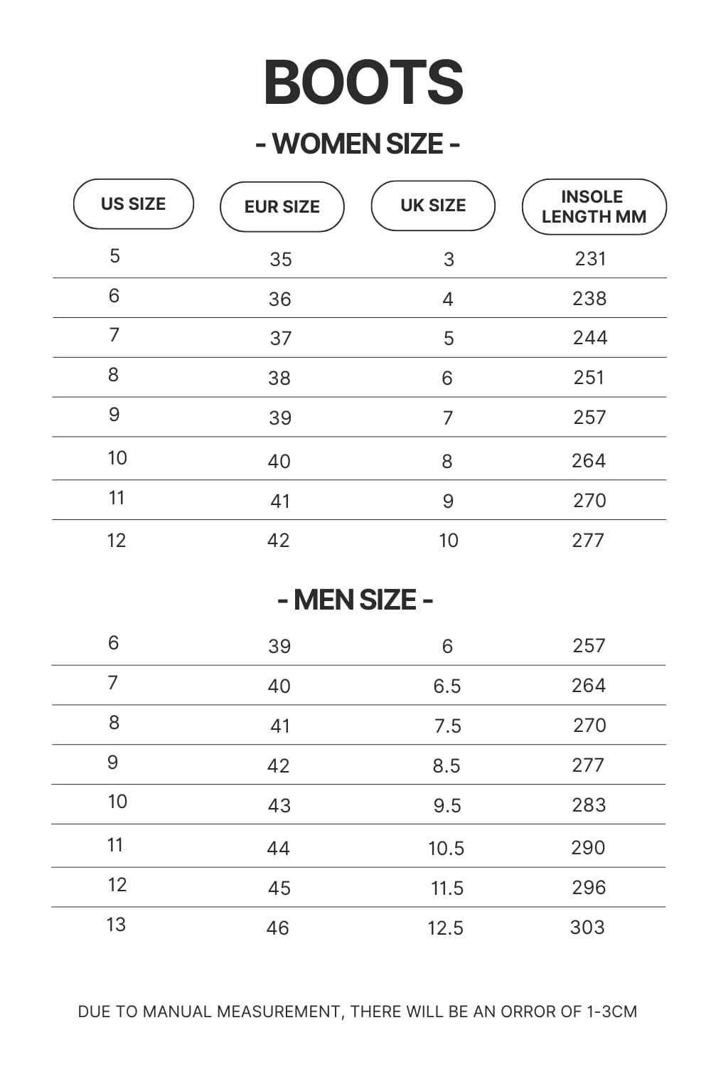 Boots Size Chart - Lorna Shore Store