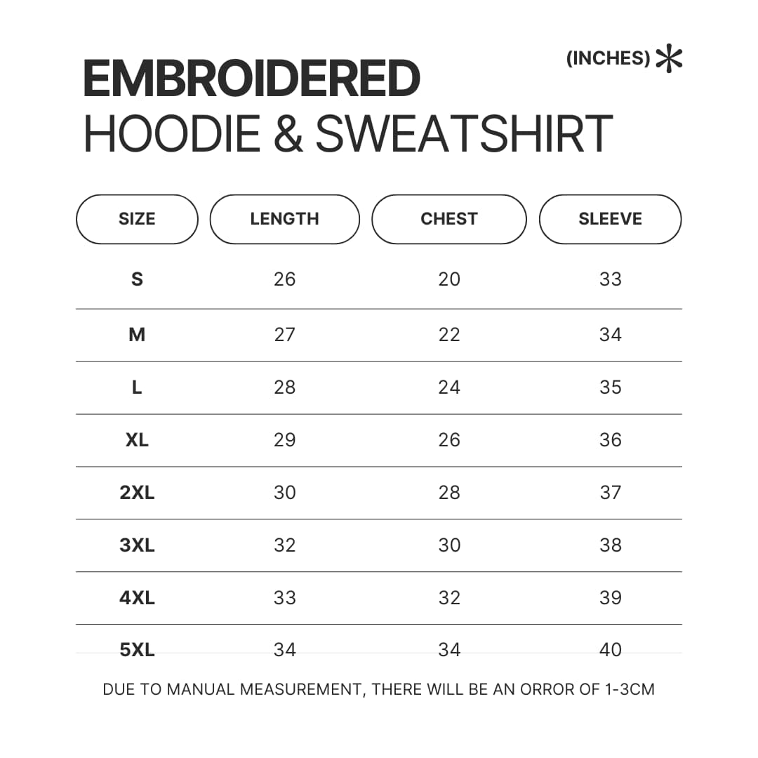 Embroidered Hoodie Sweatshirt Size Chart - Lorna Shore Store