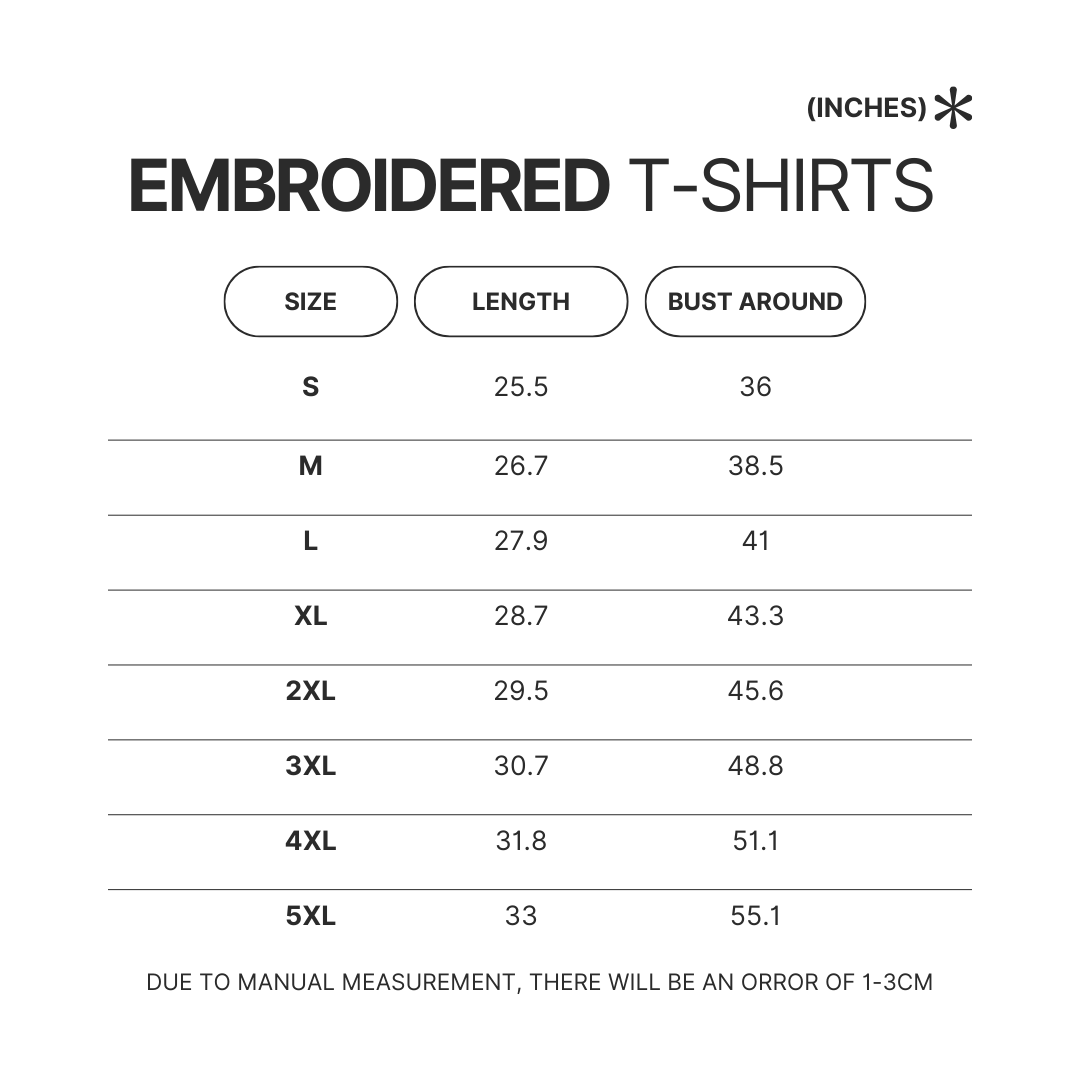 Embroidered T shirt Size Chart - Lorna Shore Store