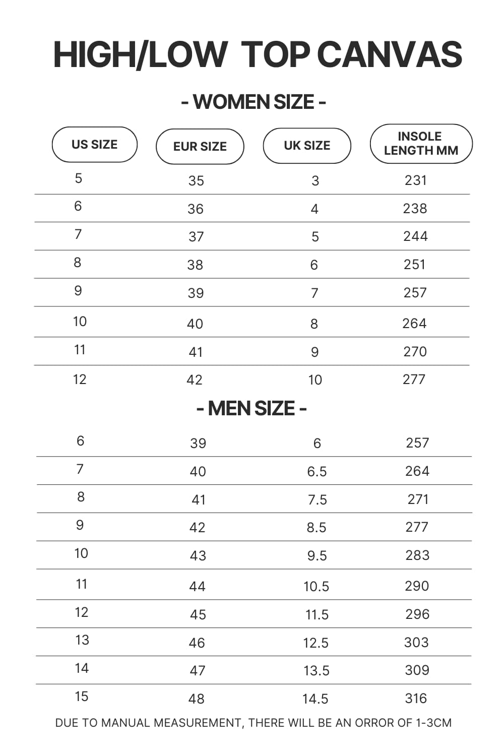 High Top Low Top Canvas Shoes Size Chart - Lorna Shore Store