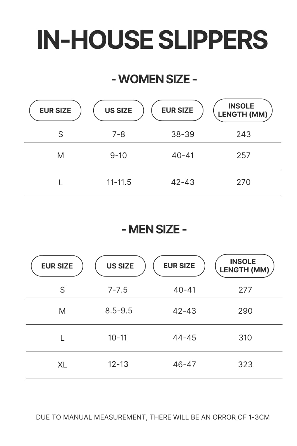 In House Slippers Size Chart - Lorna Shore Store