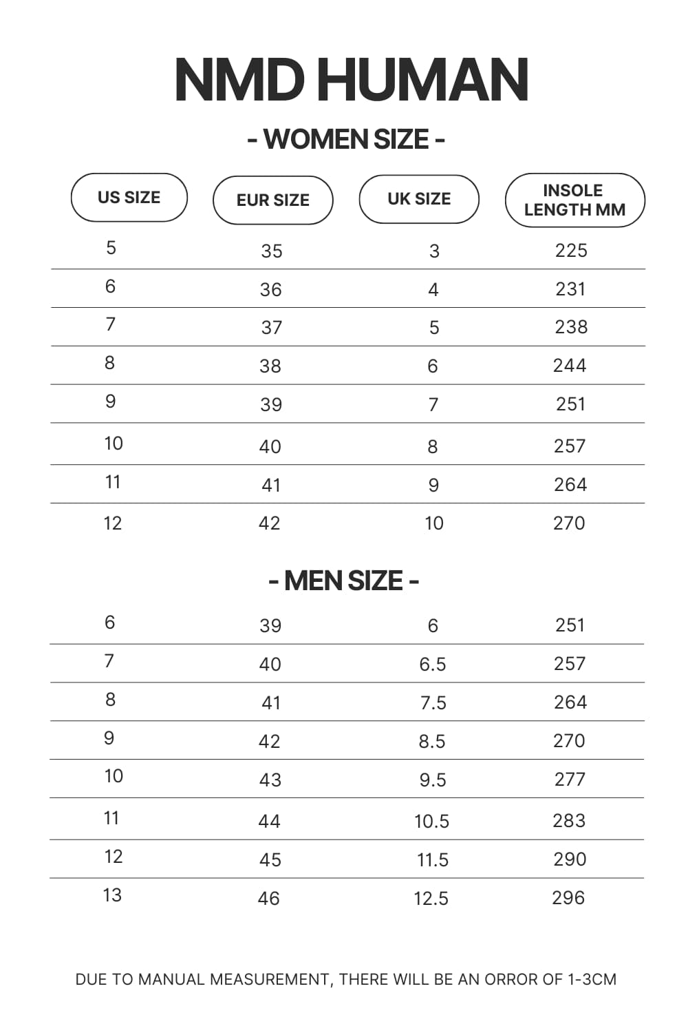 NMD Human Shoes Size Chart - Lorna Shore Store