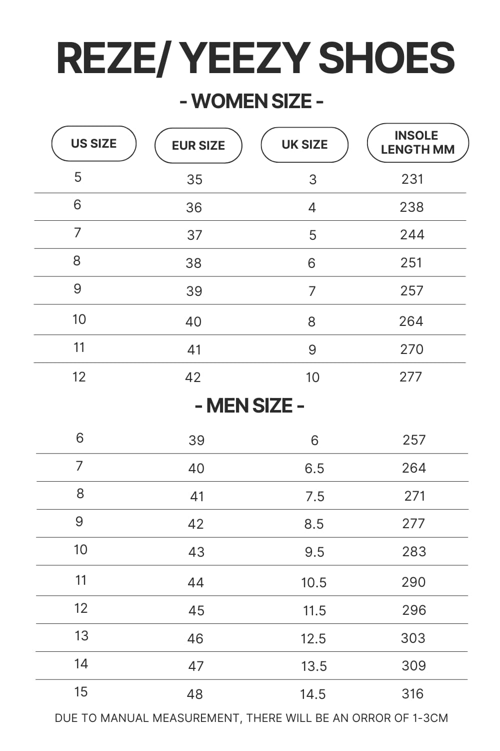 Reze Yeezy Shoes Size Chart - Lorna Shore Store