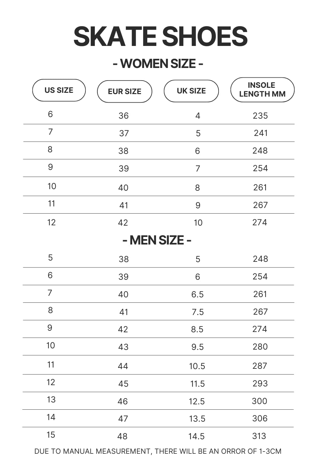 Skate Shoes Size Chart - Lorna Shore Store