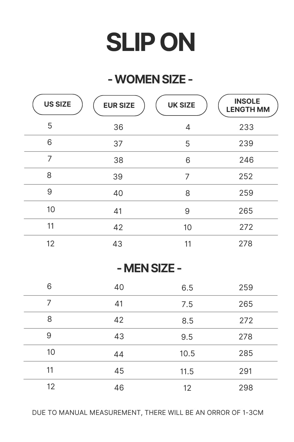 Slip On Size Chart - Lorna Shore Store